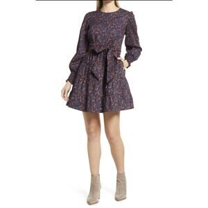 Boden Dress Womens 14R Navy Blue Mini Brown Floral Tiered Long Sleeve Cotton